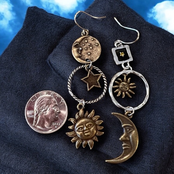 Boho Celestial Charm Earrings - Bronze and Silver toned Bohemian Boho Celestial - Picture 17 of 17
